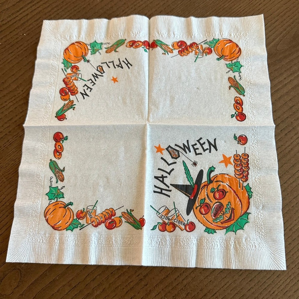 Vintage Halloween Paper Cake Napkin Mid Century Jack O Lantern Pumpkin Witch
